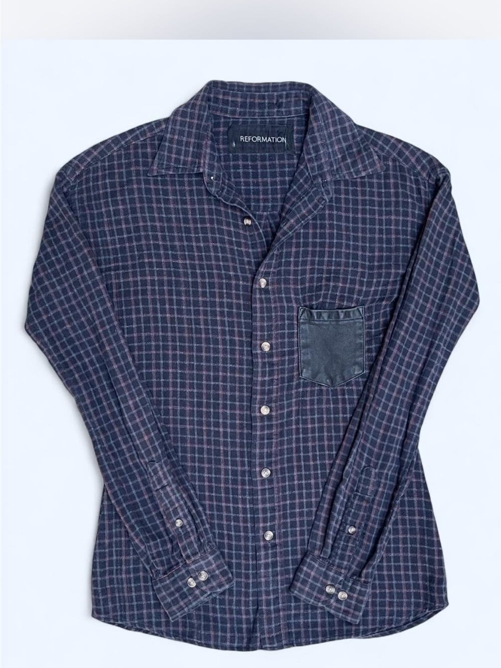 Reformation Navy Plaid Button-Up Shirt vegan pocket streetwear western cowgirl